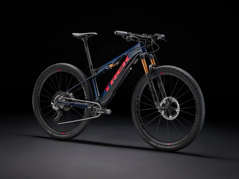 2021 Trek E-Caliber 9.9 XTR Electric Mountain Bike Blue Smoke and Coral-1